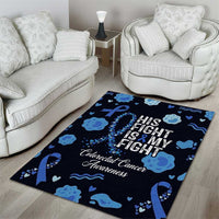 His Fight Is My Fight Colorectal Cancer Awareness Area Rug Blue Ribbon Heart Pattern Illustration