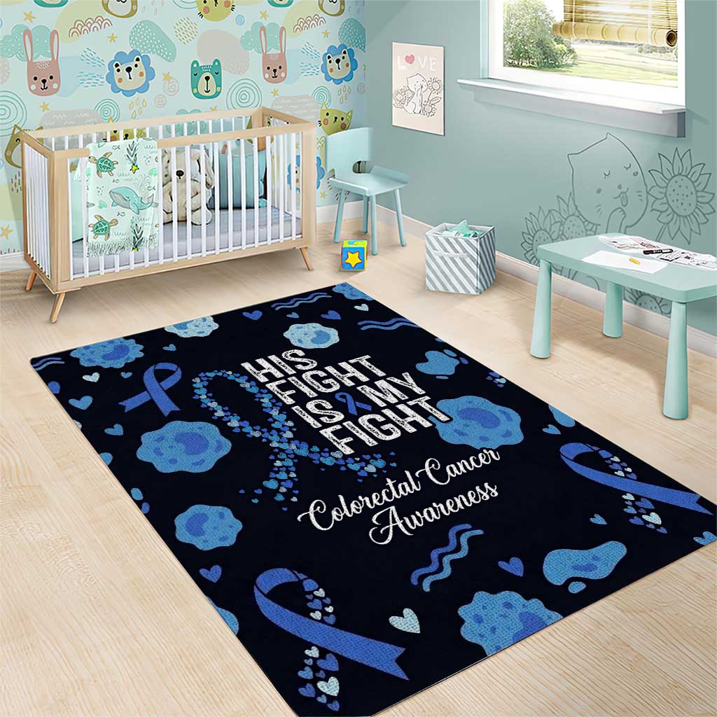 His Fight Is My Fight Colorectal Cancer Awareness Area Rug Blue Ribbon Heart Pattern Illustration