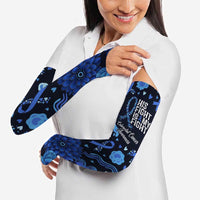 His Fight Is My Fight Colorectal Cancer Awareness Arm Sleeves Blue Ribbon Heart Pattern Illustration