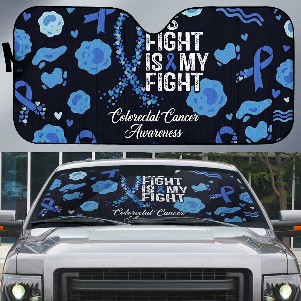His Fight Is My Fight Colorectal Cancer Awareness Auto Sun Shade Blue Ribbon Heart Pattern Illustration