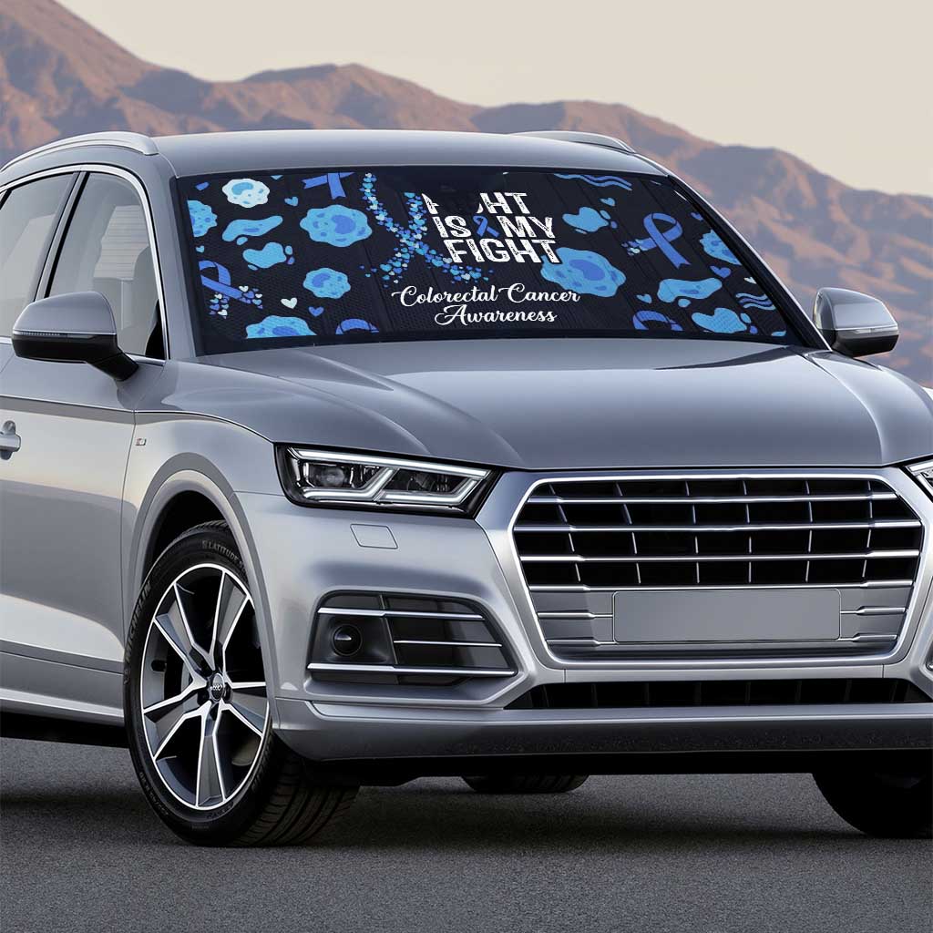 His Fight Is My Fight Colorectal Cancer Awareness Auto Sun Shade Blue Ribbon Heart Pattern Illustration