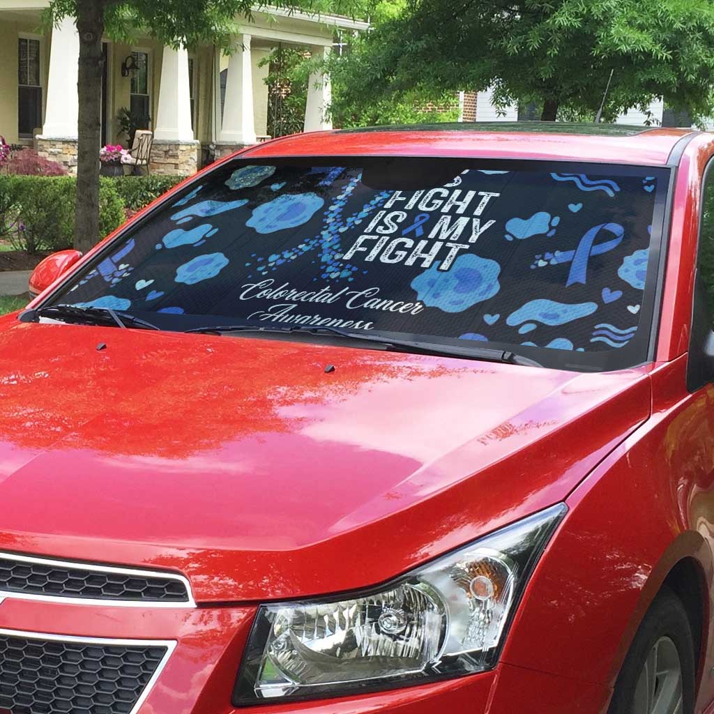 His Fight Is My Fight Colorectal Cancer Awareness Auto Sun Shade Blue Ribbon Heart Pattern Illustration