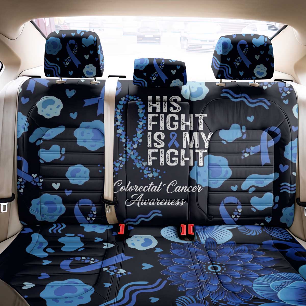 His Fight Is My Fight Colorectal Cancer Awareness Back Car Seat Cover Blue Ribbon Heart Pattern Illustration
