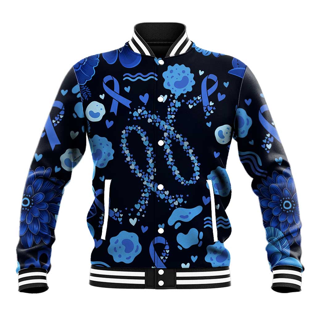His Fight Is My Fight Colorectal Cancer Awareness Baseball Jacket Blue Ribbon Heart Pattern Illustration