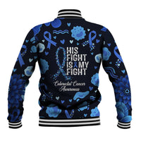 His Fight Is My Fight Colorectal Cancer Awareness Baseball Jacket Blue Ribbon Heart Pattern Illustration