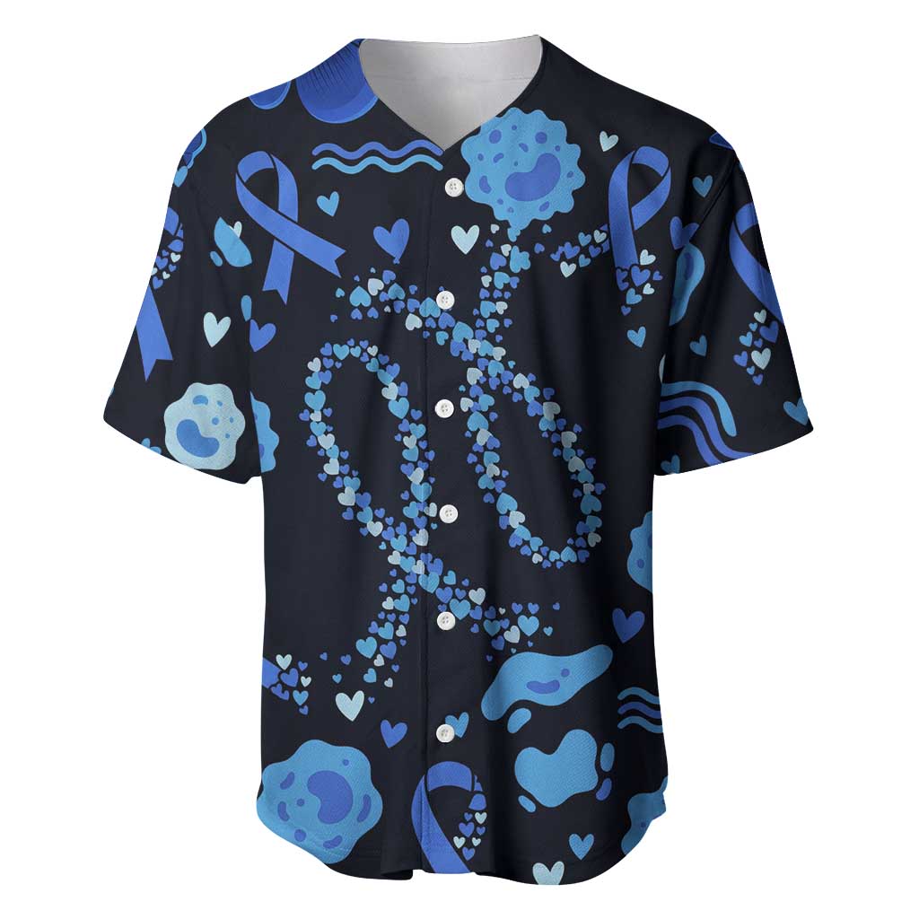 His Fight Is My Fight Colorectal Cancer Awareness Baseball Jersey Blue Ribbon Heart Pattern Illustration