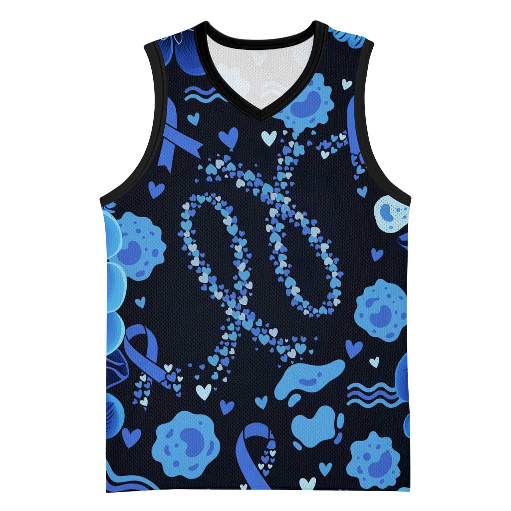 His Fight Is My Fight Colorectal Cancer Awareness Basketball Jersey Blue Ribbon Heart Pattern Illustration