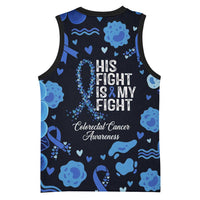 His Fight Is My Fight Colorectal Cancer Awareness Basketball Jersey Blue Ribbon Heart Pattern Illustration