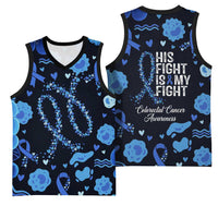 His Fight Is My Fight Colorectal Cancer Awareness Basketball Jersey Blue Ribbon Heart Pattern Illustration