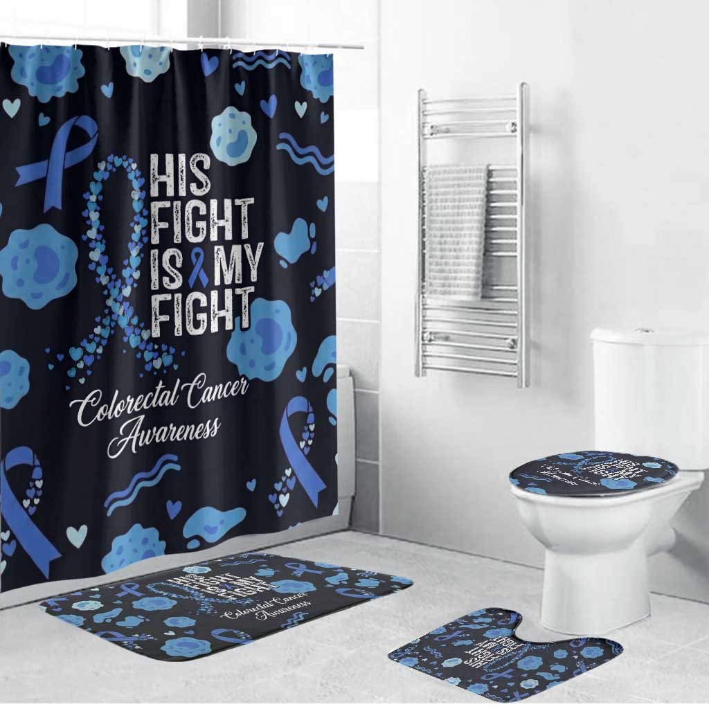 His Fight Is My Fight Colorectal Cancer Awareness Bathroom Set Blue Ribbon Heart Pattern Illustration