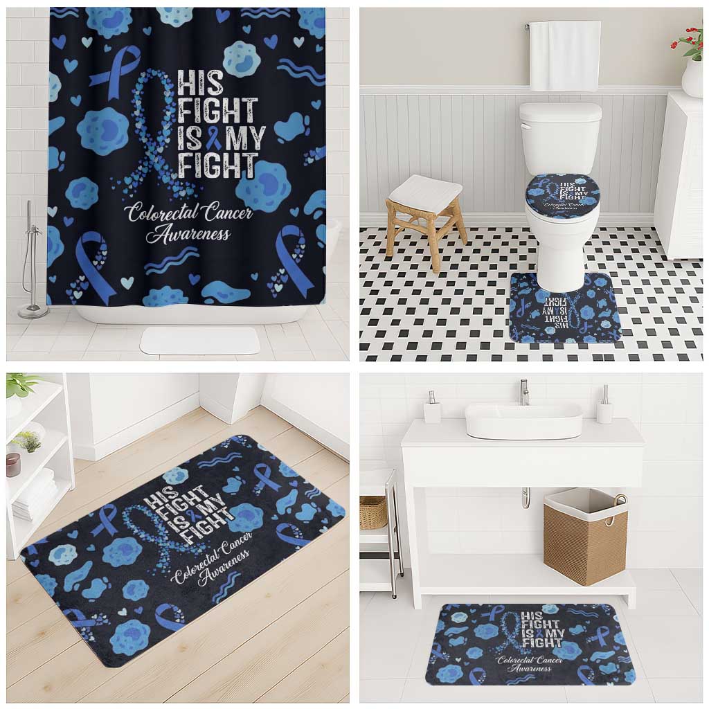 His Fight Is My Fight Colorectal Cancer Awareness Bathroom Set Blue Ribbon Heart Pattern Illustration