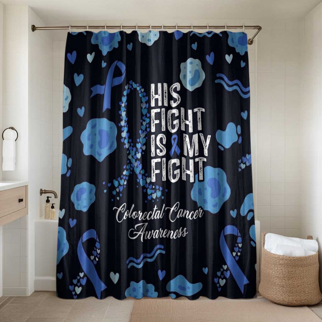 His Fight Is My Fight Colorectal Cancer Awareness Bathroom Set Blue Ribbon Heart Pattern Illustration