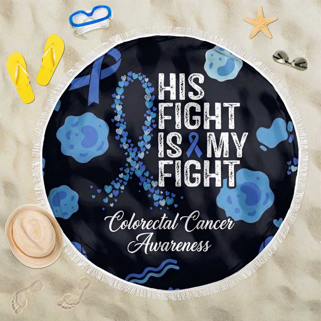 His Fight Is My Fight Colorectal Cancer Awareness Beach Blanket Blue Ribbon Heart Pattern Illustration