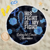 His Fight Is My Fight Colorectal Cancer Awareness Beach Blanket Blue Ribbon Heart Pattern Illustration
