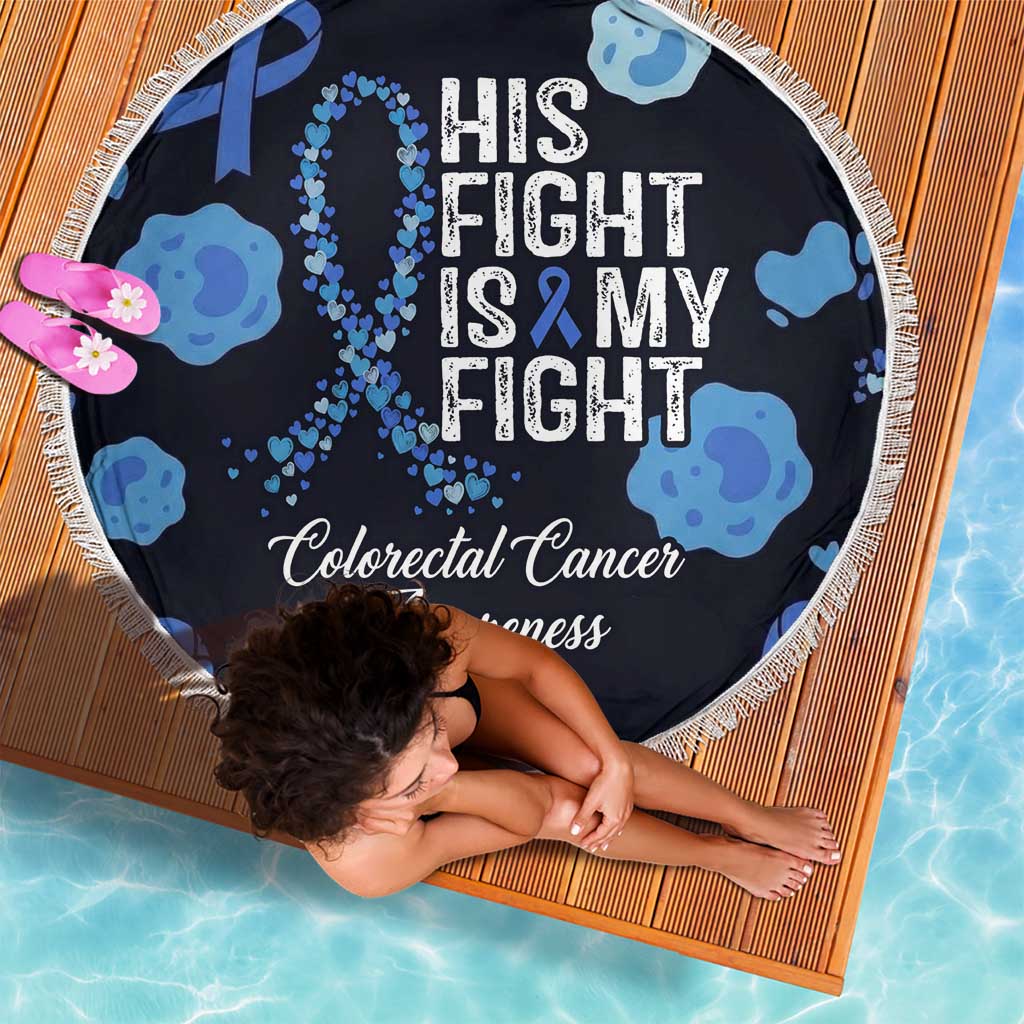 His Fight Is My Fight Colorectal Cancer Awareness Beach Blanket Blue Ribbon Heart Pattern Illustration