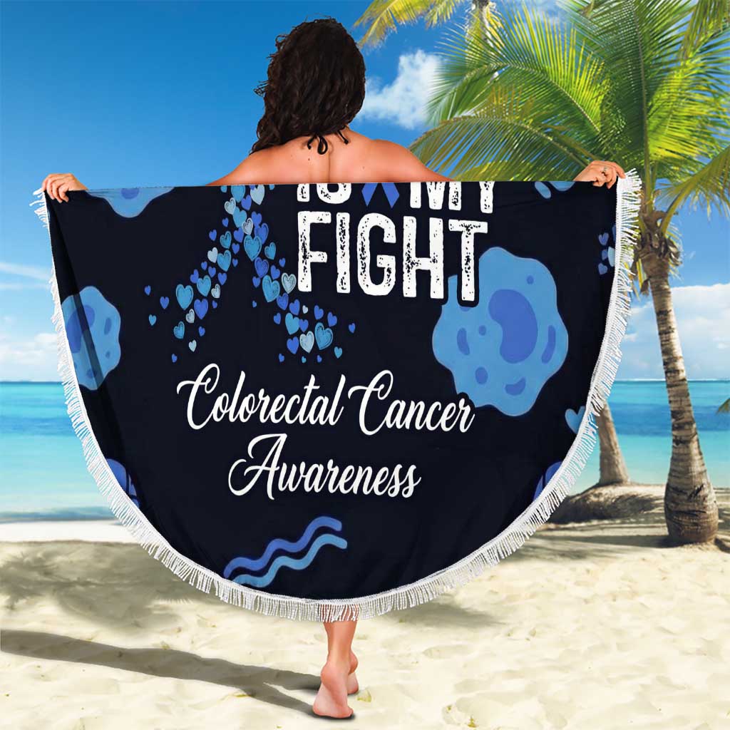His Fight Is My Fight Colorectal Cancer Awareness Beach Blanket Blue Ribbon Heart Pattern Illustration