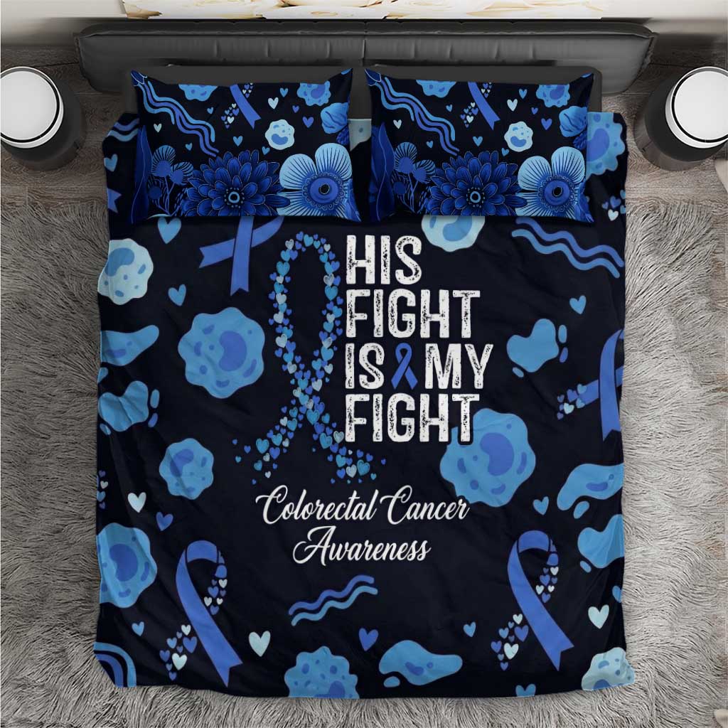 His Fight Is My Fight Colorectal Cancer Awareness Bedding Set Blue Ribbon Heart Pattern Illustration
