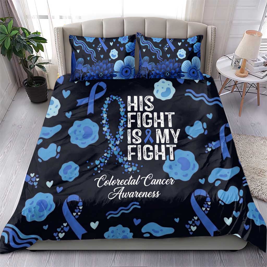 His Fight Is My Fight Colorectal Cancer Awareness Bedding Set Blue Ribbon Heart Pattern Illustration