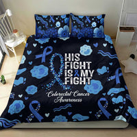 His Fight Is My Fight Colorectal Cancer Awareness Bedding Set Blue Ribbon Heart Pattern Illustration