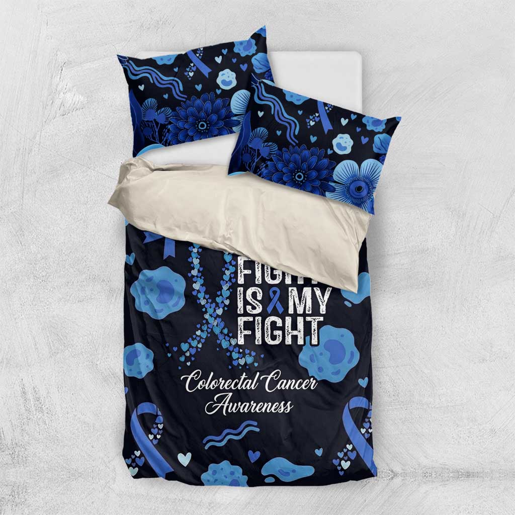 His Fight Is My Fight Colorectal Cancer Awareness Bedding Set Blue Ribbon Heart Pattern Illustration