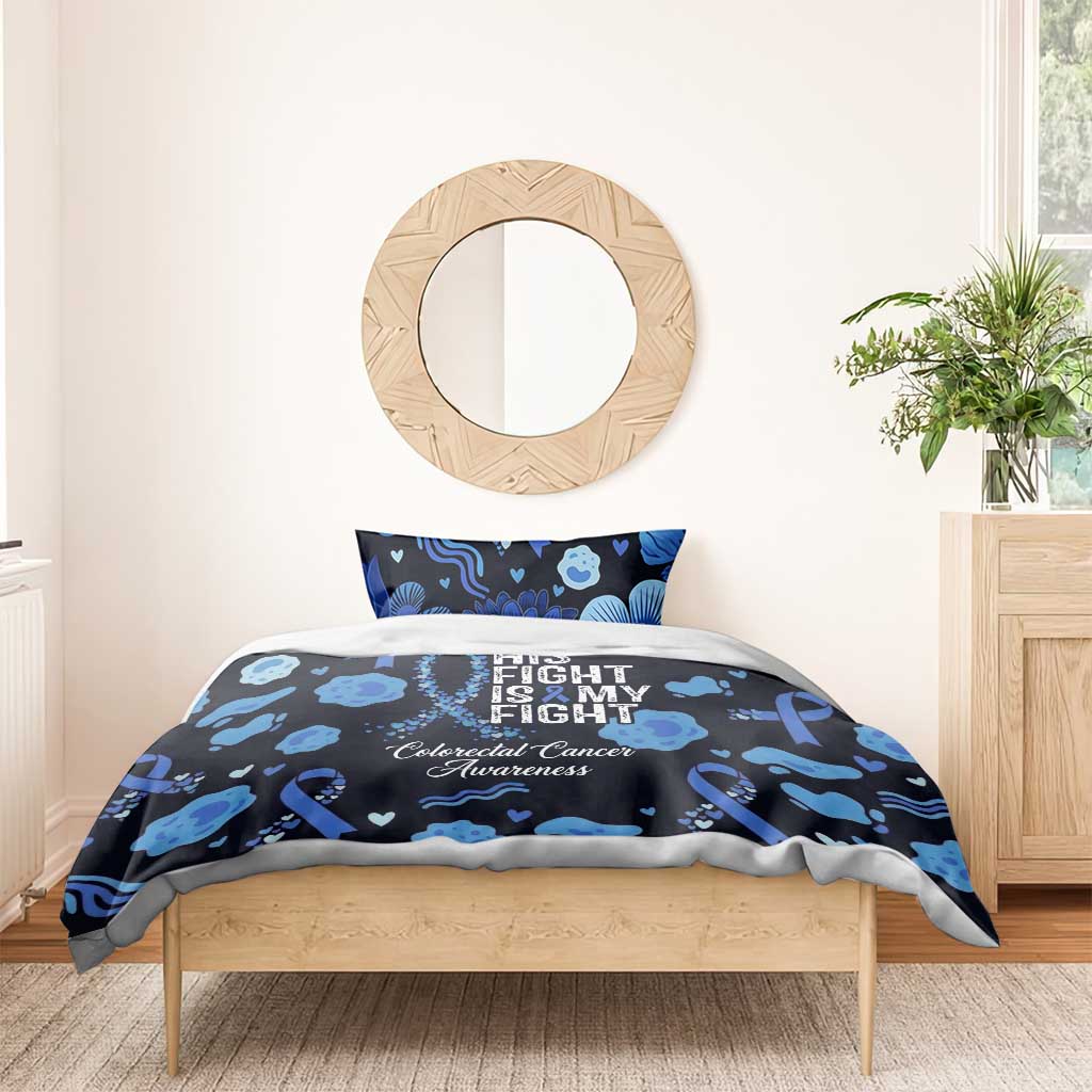 His Fight Is My Fight Colorectal Cancer Awareness Bedding Set Blue Ribbon Heart Pattern Illustration