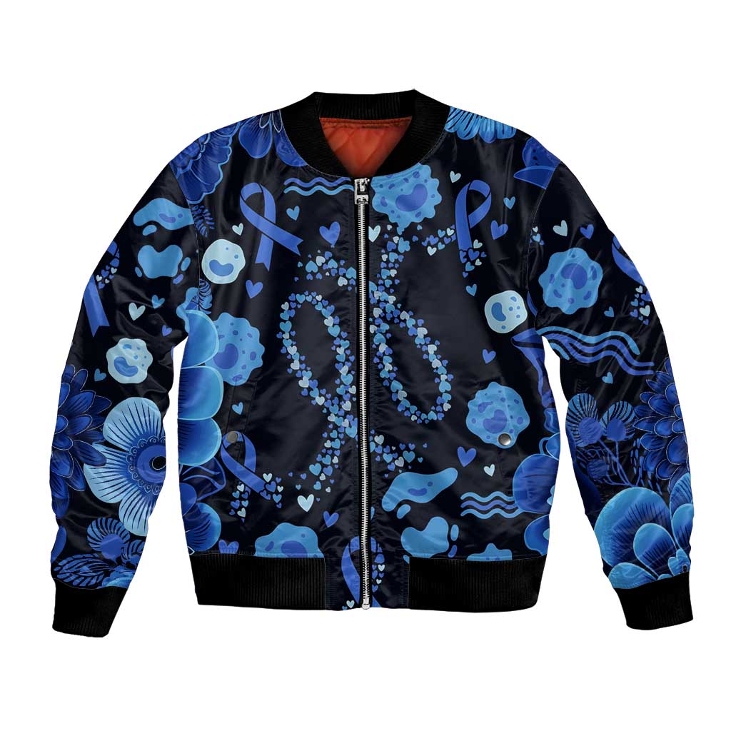 His Fight Is My Fight Colorectal Cancer Awareness Bomber Jacket Blue Ribbon Heart Pattern Illustration