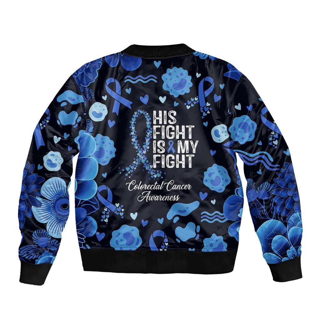 His Fight Is My Fight Colorectal Cancer Awareness Bomber Jacket Blue Ribbon Heart Pattern Illustration