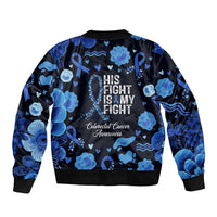 His Fight Is My Fight Colorectal Cancer Awareness Bomber Jacket Blue Ribbon Heart Pattern Illustration