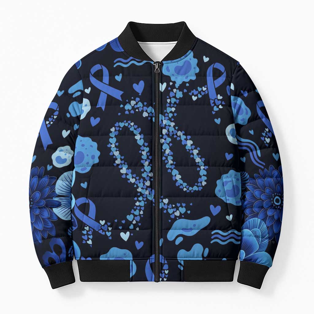 His Fight Is My Fight Colorectal Cancer Awareness Bomber Puffer Jacket Blue Ribbon Heart Pattern Illustration