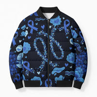 His Fight Is My Fight Colorectal Cancer Awareness Bomber Puffer Jacket Blue Ribbon Heart Pattern Illustration