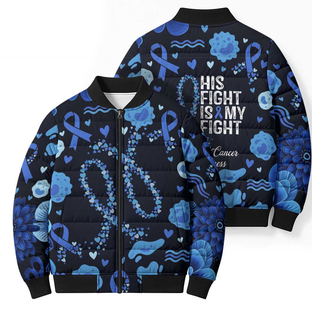 His Fight Is My Fight Colorectal Cancer Awareness Bomber Puffer Jacket Blue Ribbon Heart Pattern Illustration
