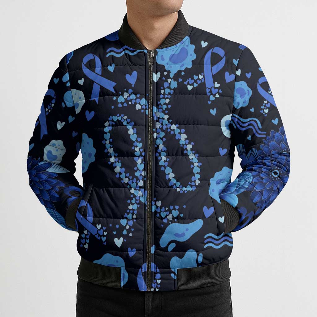 His Fight Is My Fight Colorectal Cancer Awareness Bomber Puffer Jacket Blue Ribbon Heart Pattern Illustration