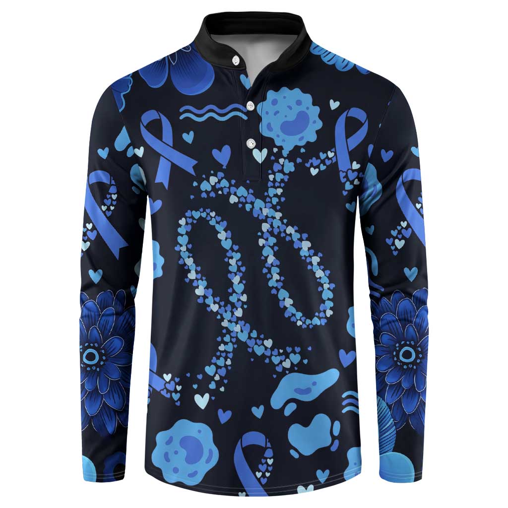 His Fight Is My Fight Colorectal Cancer Awareness Button Sweatshirt Blue Ribbon Heart Pattern Illustration