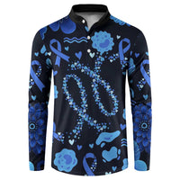 His Fight Is My Fight Colorectal Cancer Awareness Button Sweatshirt Blue Ribbon Heart Pattern Illustration