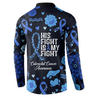 His Fight Is My Fight Colorectal Cancer Awareness Button Sweatshirt Blue Ribbon Heart Pattern Illustration