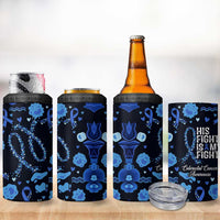 His Fight Is My Fight Colorectal Cancer Awareness 4 in 1 Can Cooler Tumbler Blue Ribbon Heart Pattern Illustration