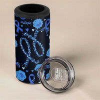His Fight Is My Fight Colorectal Cancer Awareness 4 in 1 Can Cooler Tumbler Blue Ribbon Heart Pattern Illustration