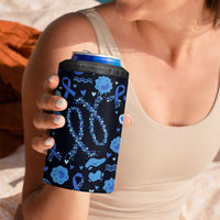 His Fight Is My Fight Colorectal Cancer Awareness 4 in 1 Can Cooler Tumbler Blue Ribbon Heart Pattern Illustration