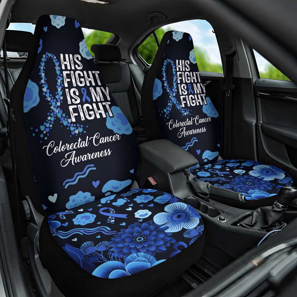 His Fight Is My Fight Colorectal Cancer Awareness Car Seat Cover Blue Ribbon Heart Pattern Illustration