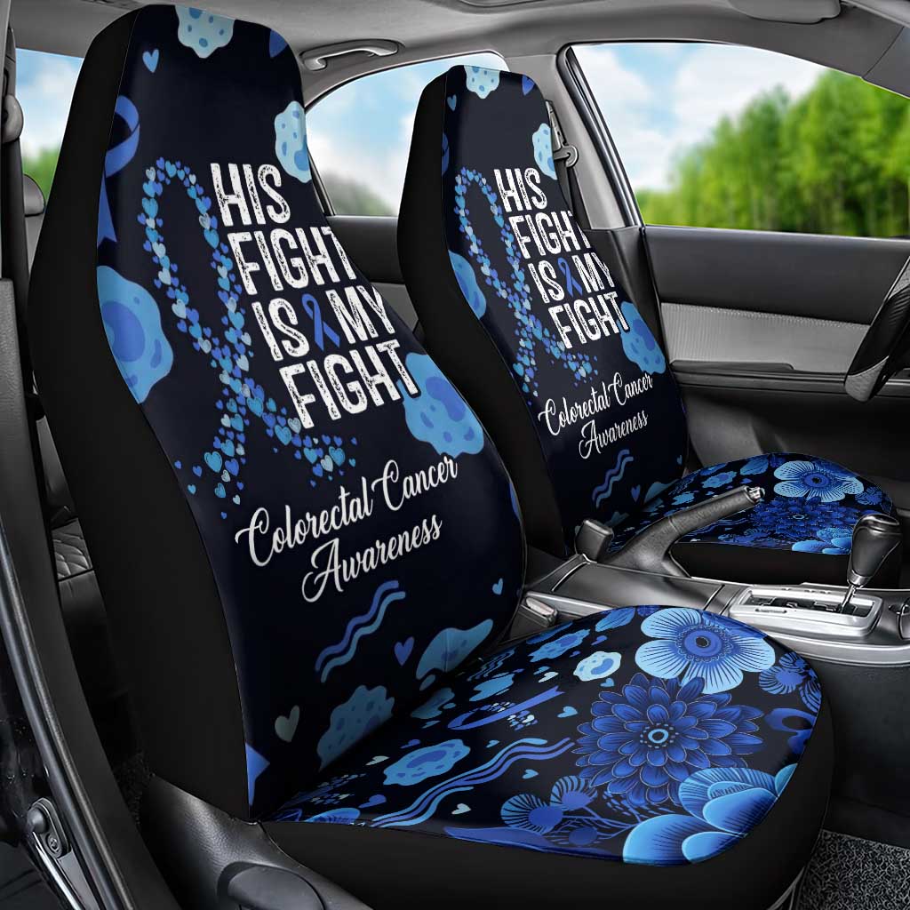 His Fight Is My Fight Colorectal Cancer Awareness Car Seat Cover Blue Ribbon Heart Pattern Illustration