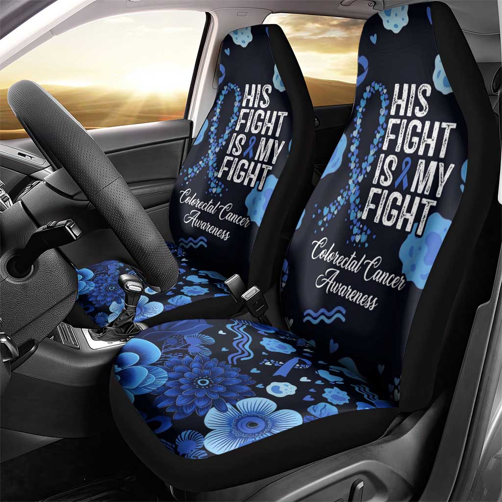 His Fight Is My Fight Colorectal Cancer Awareness Car Seat Cover Blue Ribbon Heart Pattern Illustration