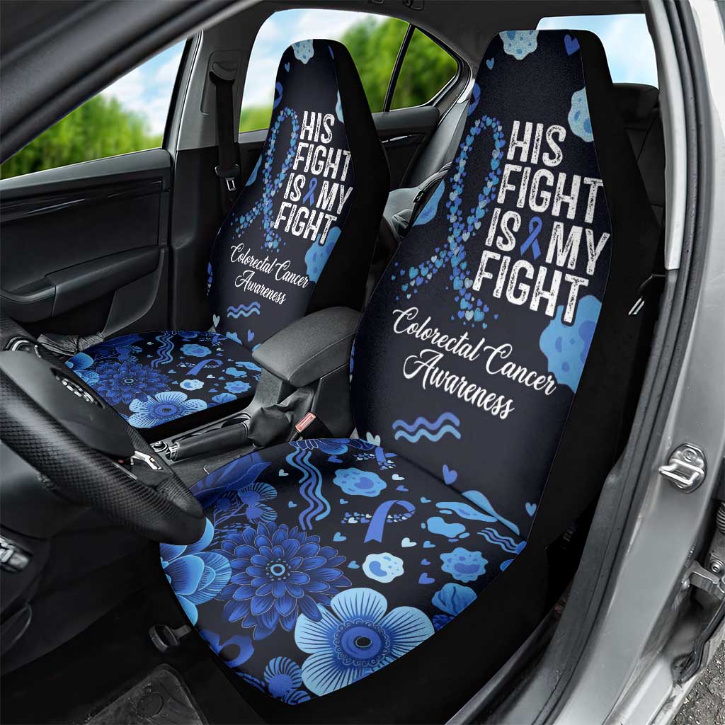 His Fight Is My Fight Colorectal Cancer Awareness Car Seat Cover Blue Ribbon Heart Pattern Illustration