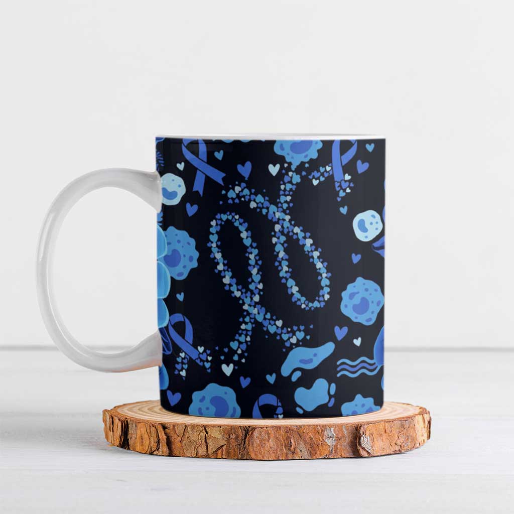 His Fight Is My Fight Colorectal Cancer Awareness Ceramic Mug Blue Ribbon Heart Pattern Illustration