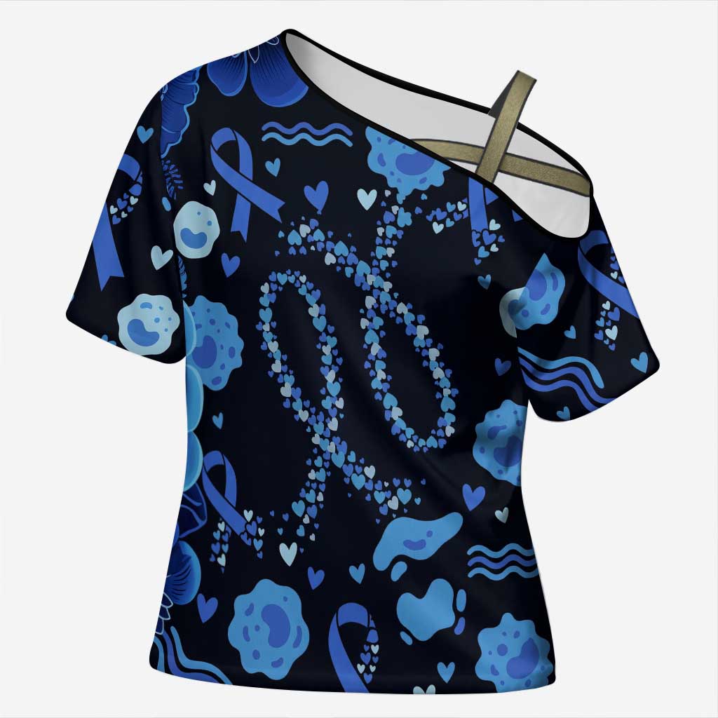 His Fight Is My Fight Colorectal Cancer Awareness Cross Shoulder Shirt Blue Ribbon Heart Pattern Illustration