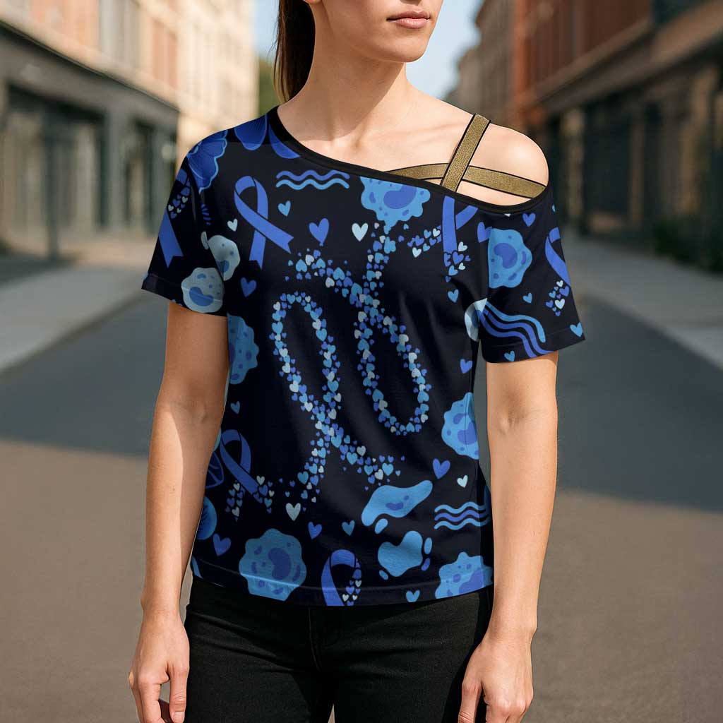 His Fight Is My Fight Colorectal Cancer Awareness Cross Shoulder Shirt Blue Ribbon Heart Pattern Illustration
