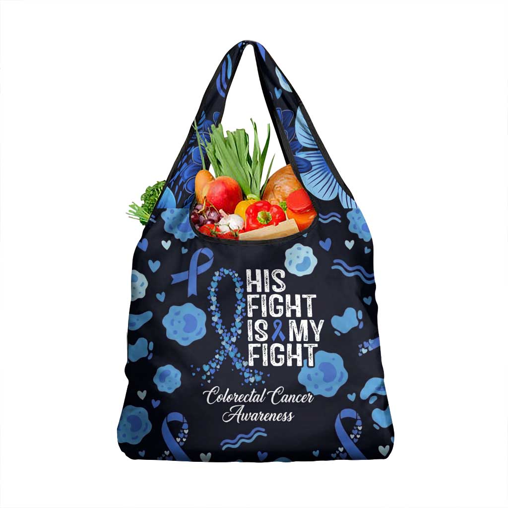 His Fight Is My Fight Colorectal Cancer Awareness Grocery Bag Blue Ribbon Heart Pattern Illustration