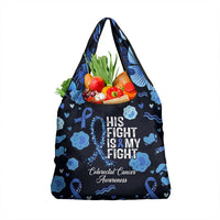 His Fight Is My Fight Colorectal Cancer Awareness Grocery Bag Blue Ribbon Heart Pattern Illustration