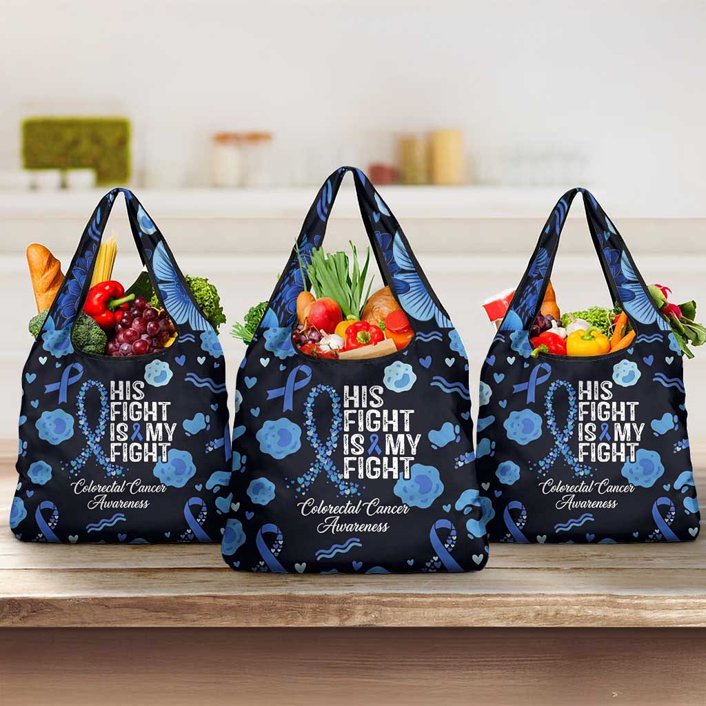 His Fight Is My Fight Colorectal Cancer Awareness Grocery Bag Blue Ribbon Heart Pattern Illustration