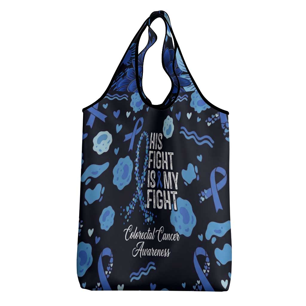 His Fight Is My Fight Colorectal Cancer Awareness Grocery Bag Blue Ribbon Heart Pattern Illustration