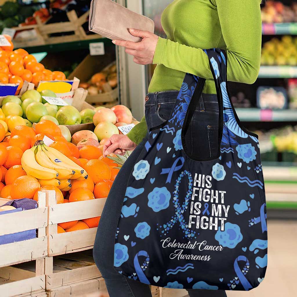 His Fight Is My Fight Colorectal Cancer Awareness Grocery Bag Blue Ribbon Heart Pattern Illustration
